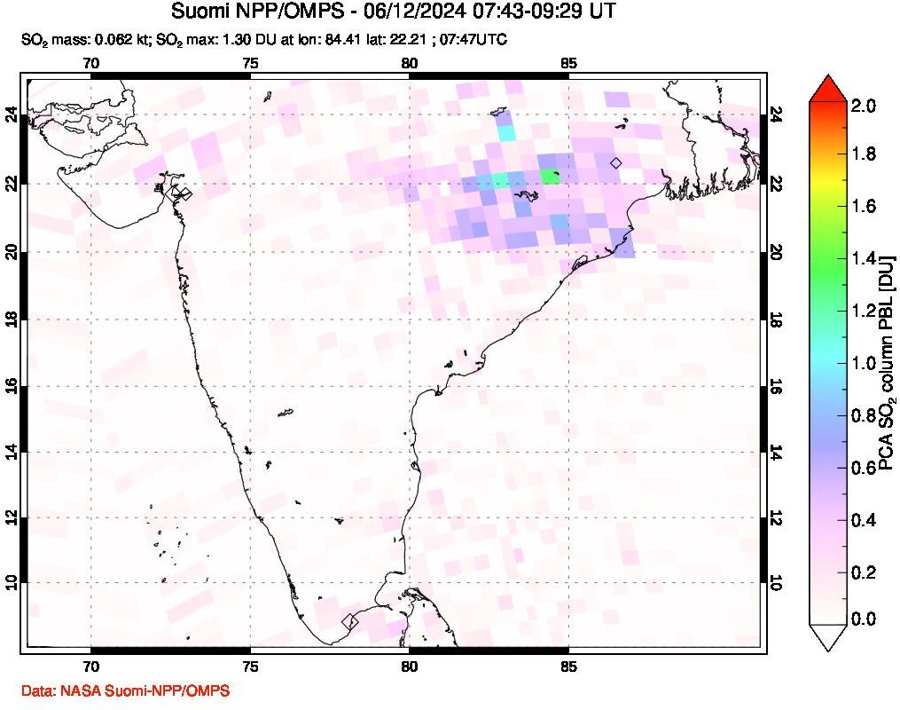 A sulfur dioxide image over India on Jun 12, 2024.