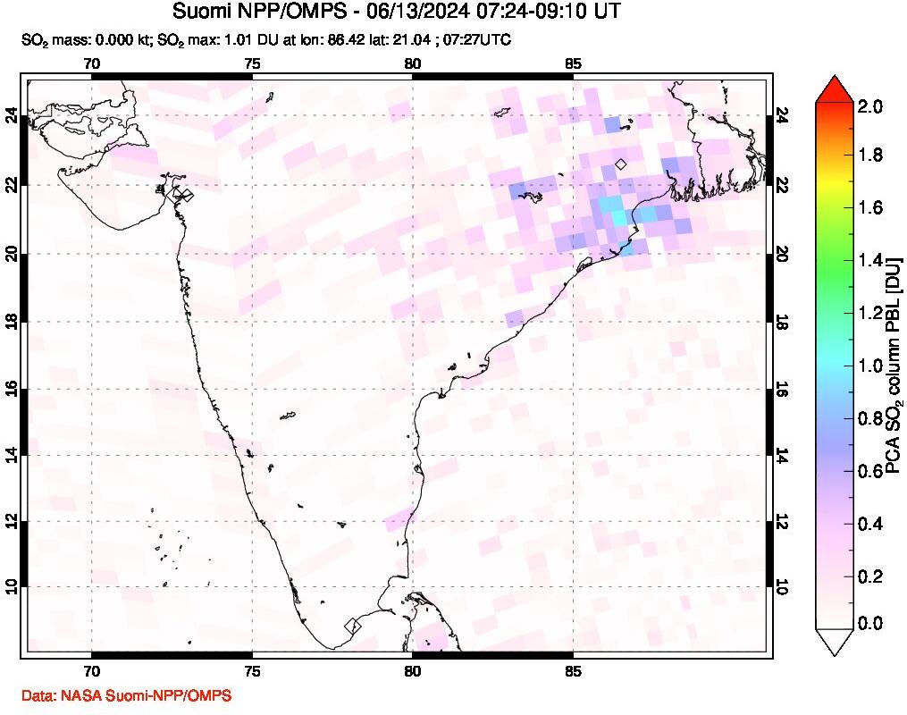 A sulfur dioxide image over India on Jun 13, 2024.