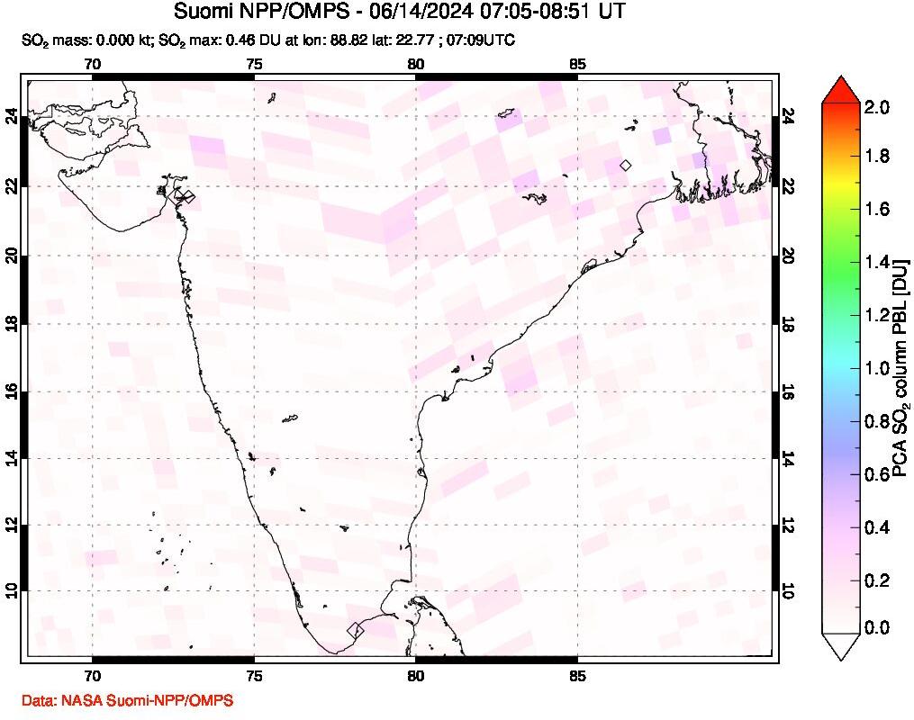 A sulfur dioxide image over India on Jun 14, 2024.