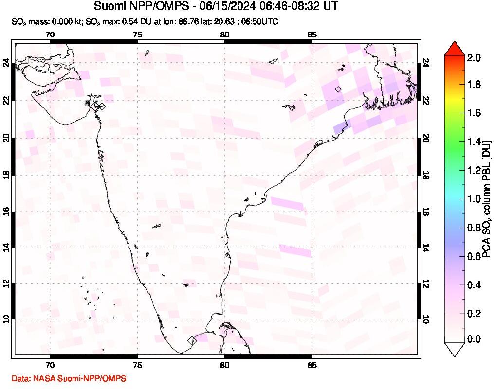 A sulfur dioxide image over India on Jun 15, 2024.