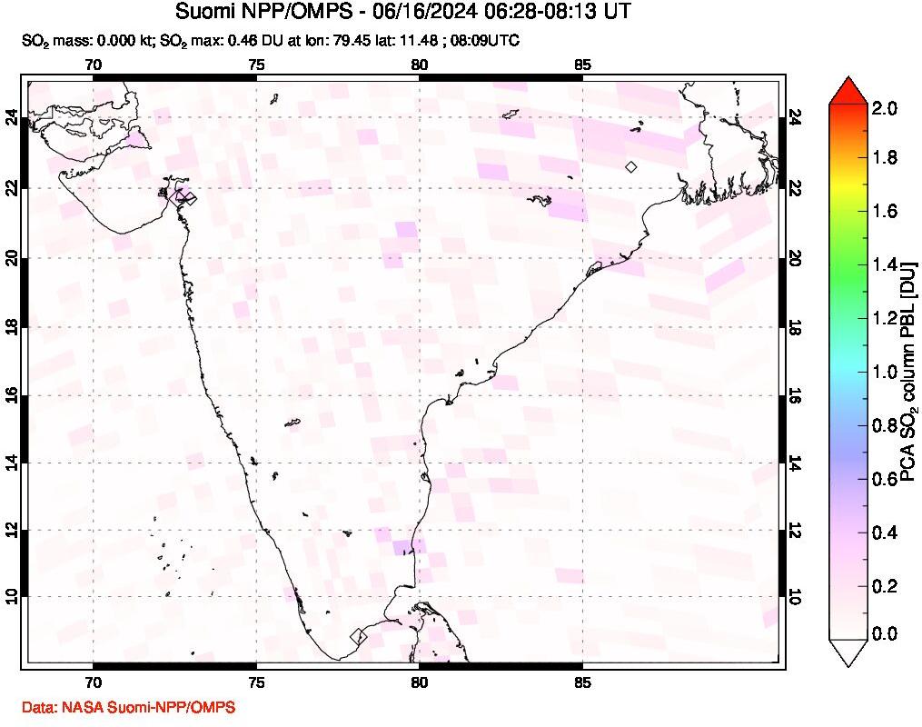 A sulfur dioxide image over India on Jun 16, 2024.