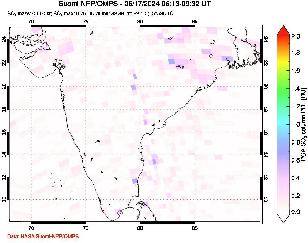 A sulfur dioxide image over India on Jun 17, 2024.