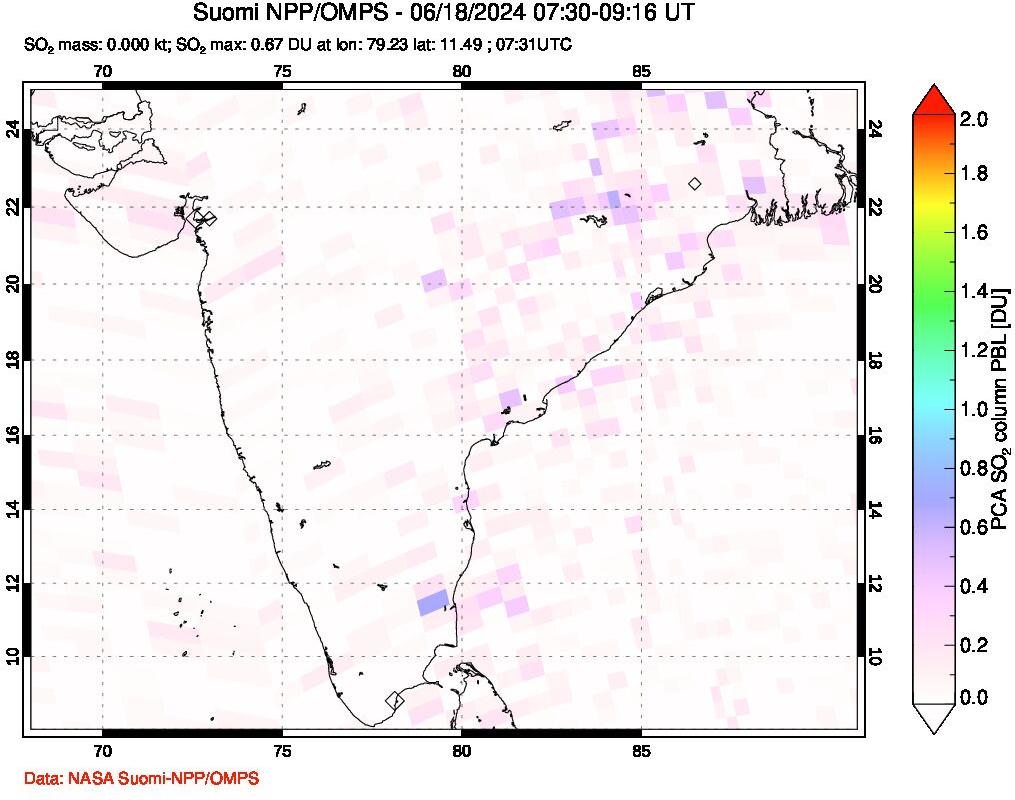 A sulfur dioxide image over India on Jun 18, 2024.