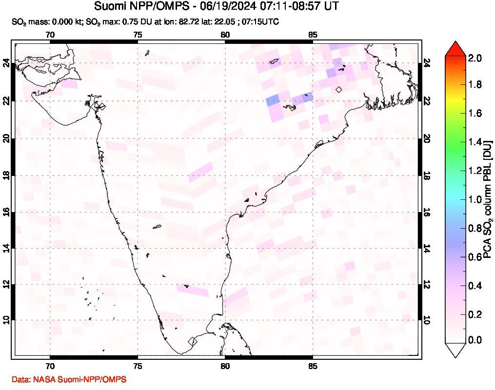 A sulfur dioxide image over India on Jun 19, 2024.