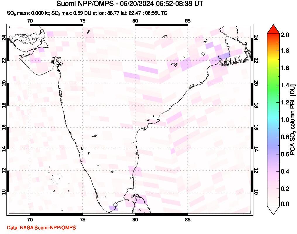 A sulfur dioxide image over India on Jun 20, 2024.