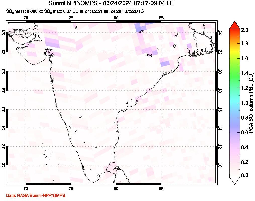 A sulfur dioxide image over India on Jun 24, 2024.