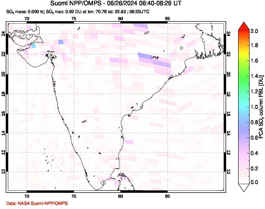 A sulfur dioxide image over India on Jun 26, 2024.