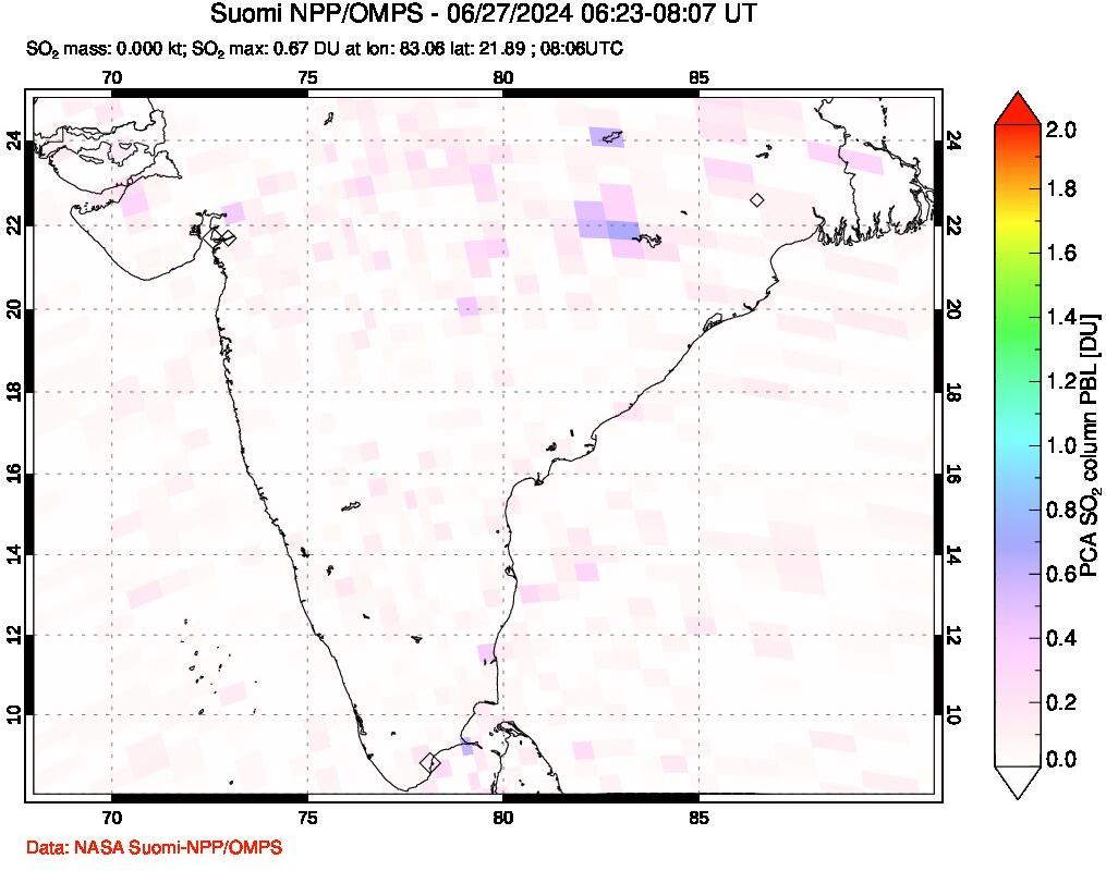 A sulfur dioxide image over India on Jun 27, 2024.