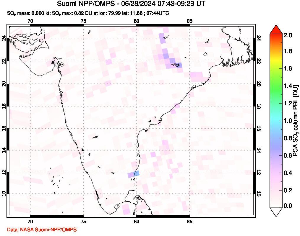 A sulfur dioxide image over India on Jun 28, 2024.