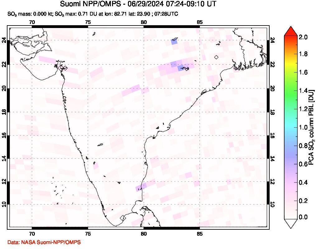 A sulfur dioxide image over India on Jun 29, 2024.