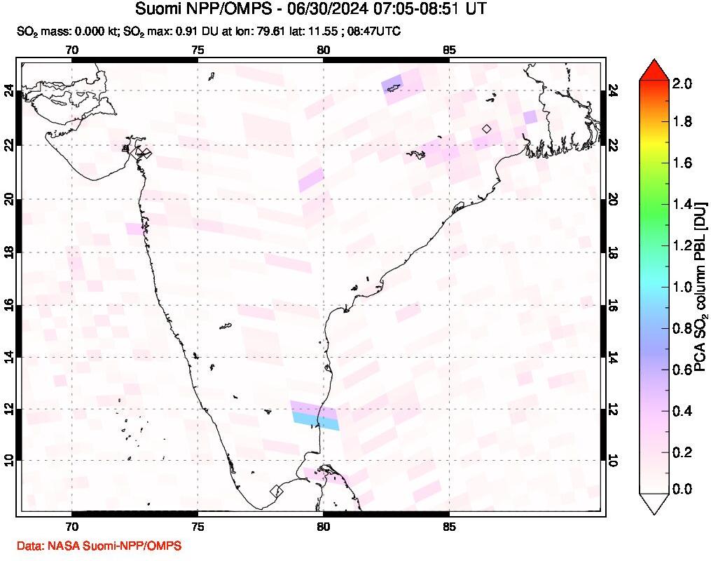 A sulfur dioxide image over India on Jun 30, 2024.