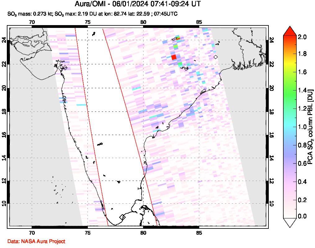 A sulfur dioxide image over India on Jun 01, 2024.