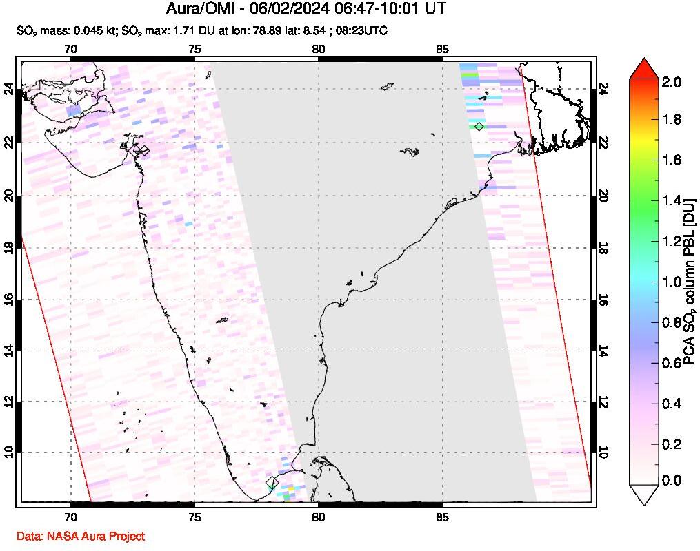 A sulfur dioxide image over India on Jun 02, 2024.