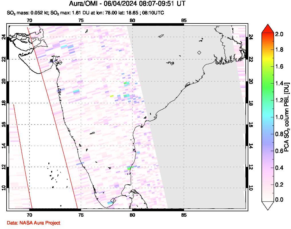 A sulfur dioxide image over India on Jun 04, 2024.