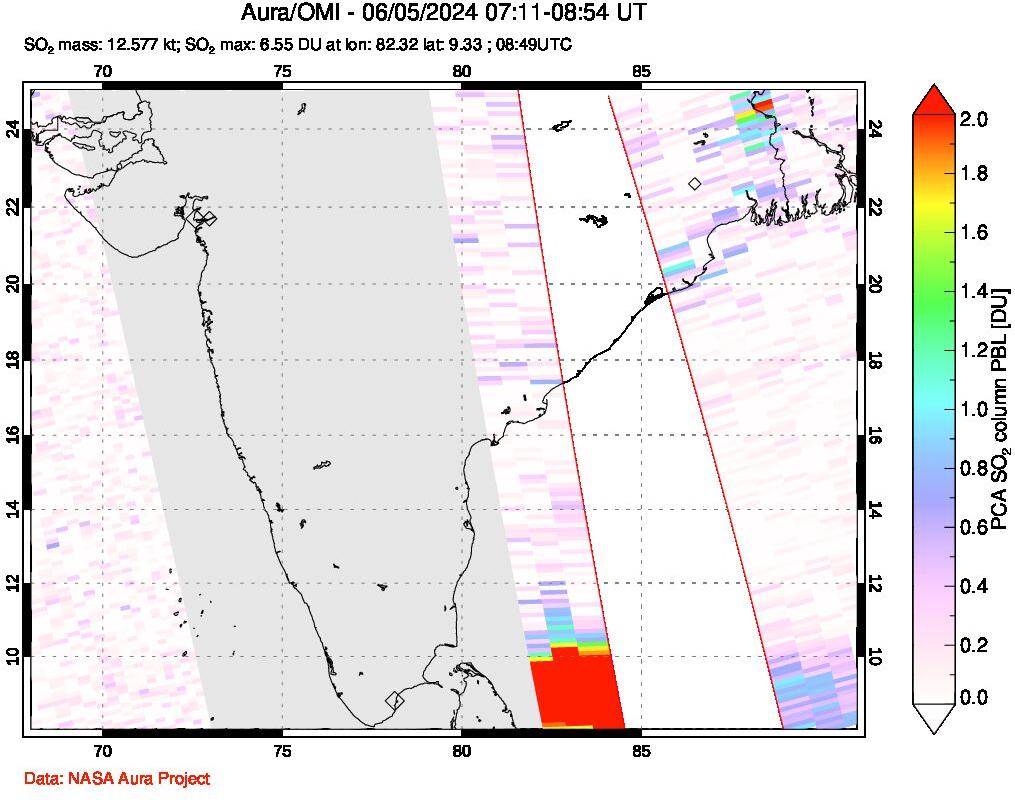 A sulfur dioxide image over India on Jun 05, 2024.