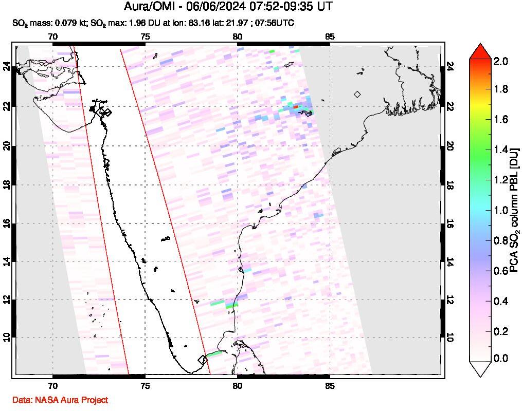 A sulfur dioxide image over India on Jun 06, 2024.