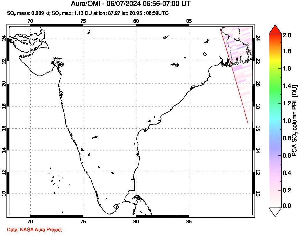 A sulfur dioxide image over India on Jun 07, 2024.