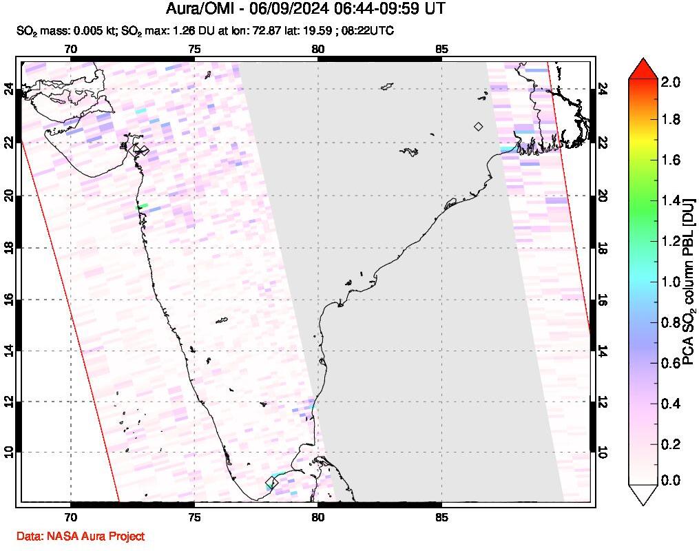 A sulfur dioxide image over India on Jun 09, 2024.