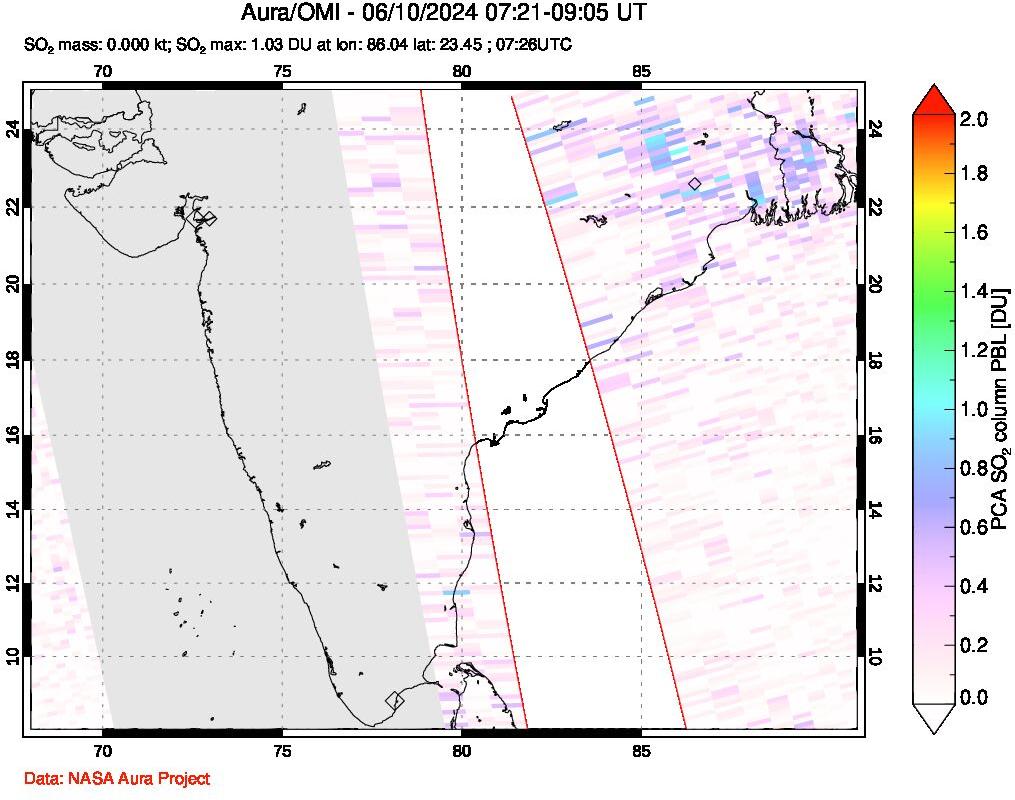 A sulfur dioxide image over India on Jun 10, 2024.