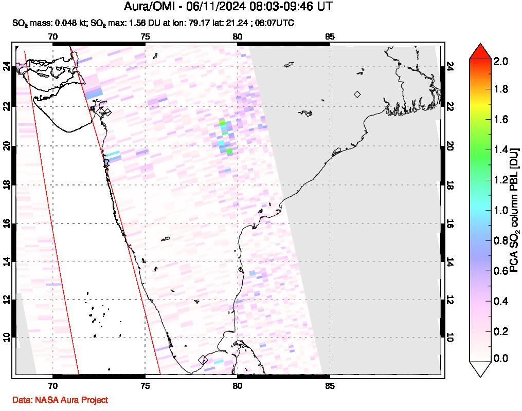 A sulfur dioxide image over India on Jun 11, 2024.