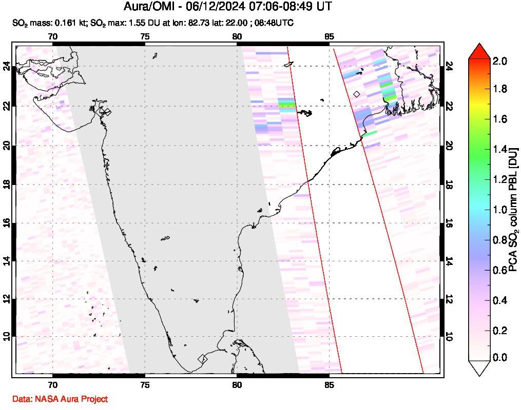 A sulfur dioxide image over India on Jun 12, 2024.