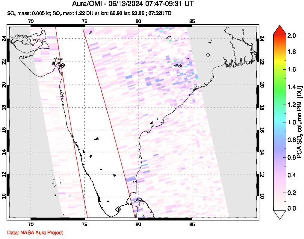 A sulfur dioxide image over India on Jun 13, 2024.