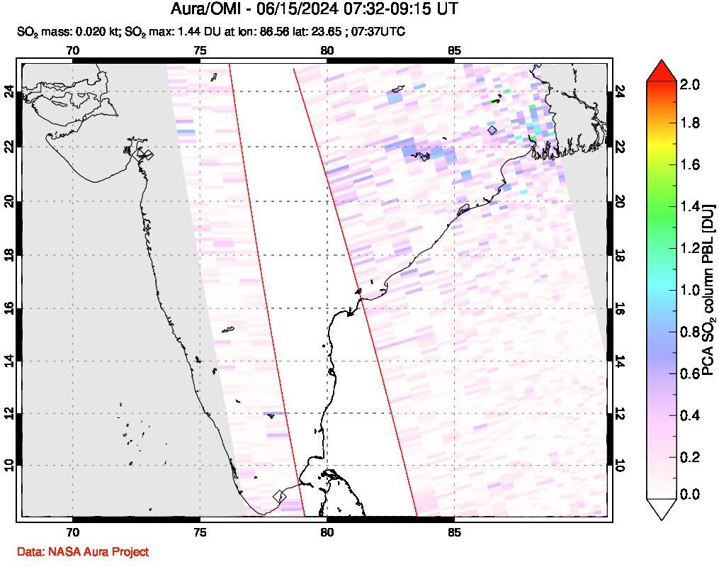 A sulfur dioxide image over India on Jun 15, 2024.