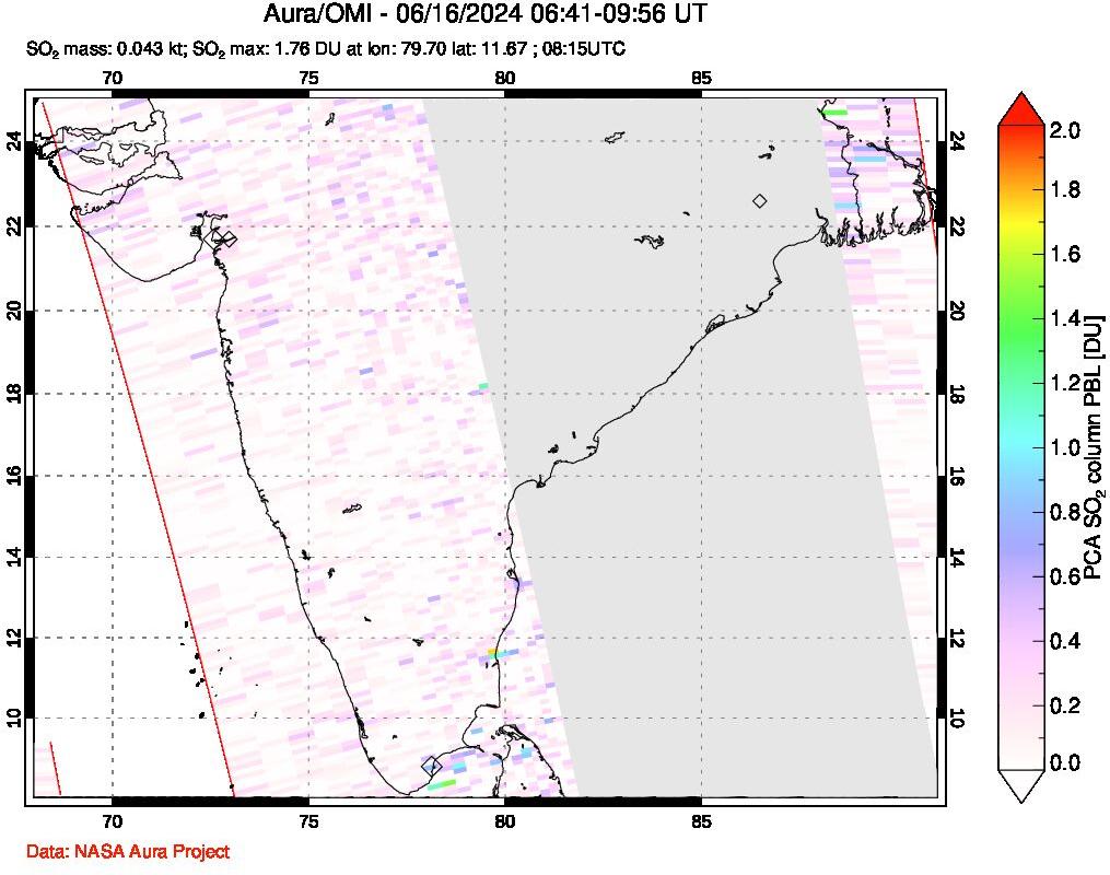 A sulfur dioxide image over India on Jun 16, 2024.