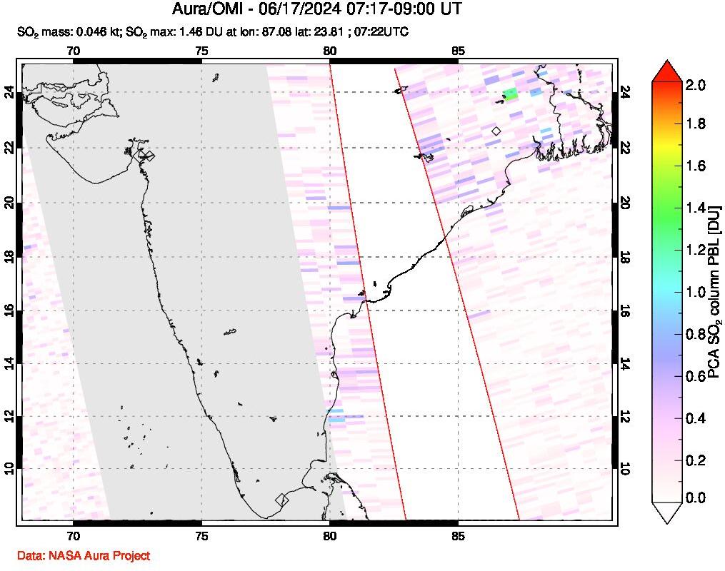 A sulfur dioxide image over India on Jun 17, 2024.