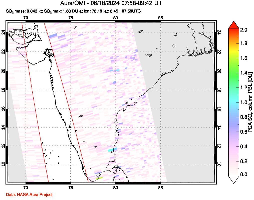 A sulfur dioxide image over India on Jun 18, 2024.