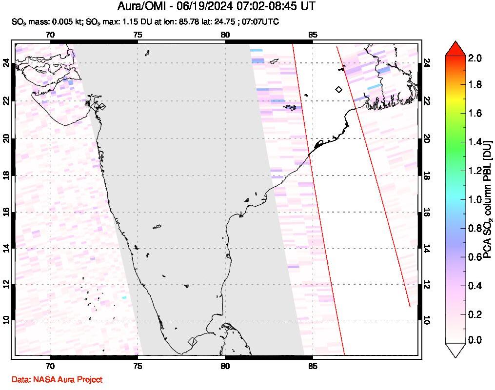 A sulfur dioxide image over India on Jun 19, 2024.