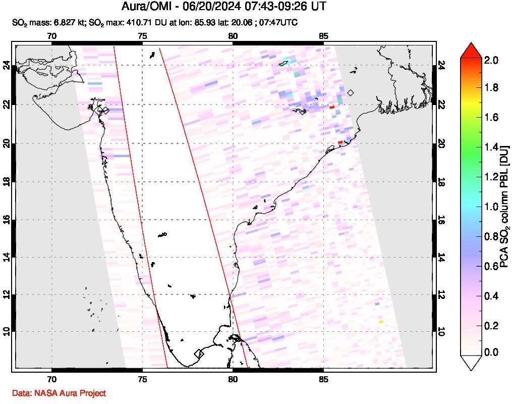 A sulfur dioxide image over India on Jun 20, 2024.