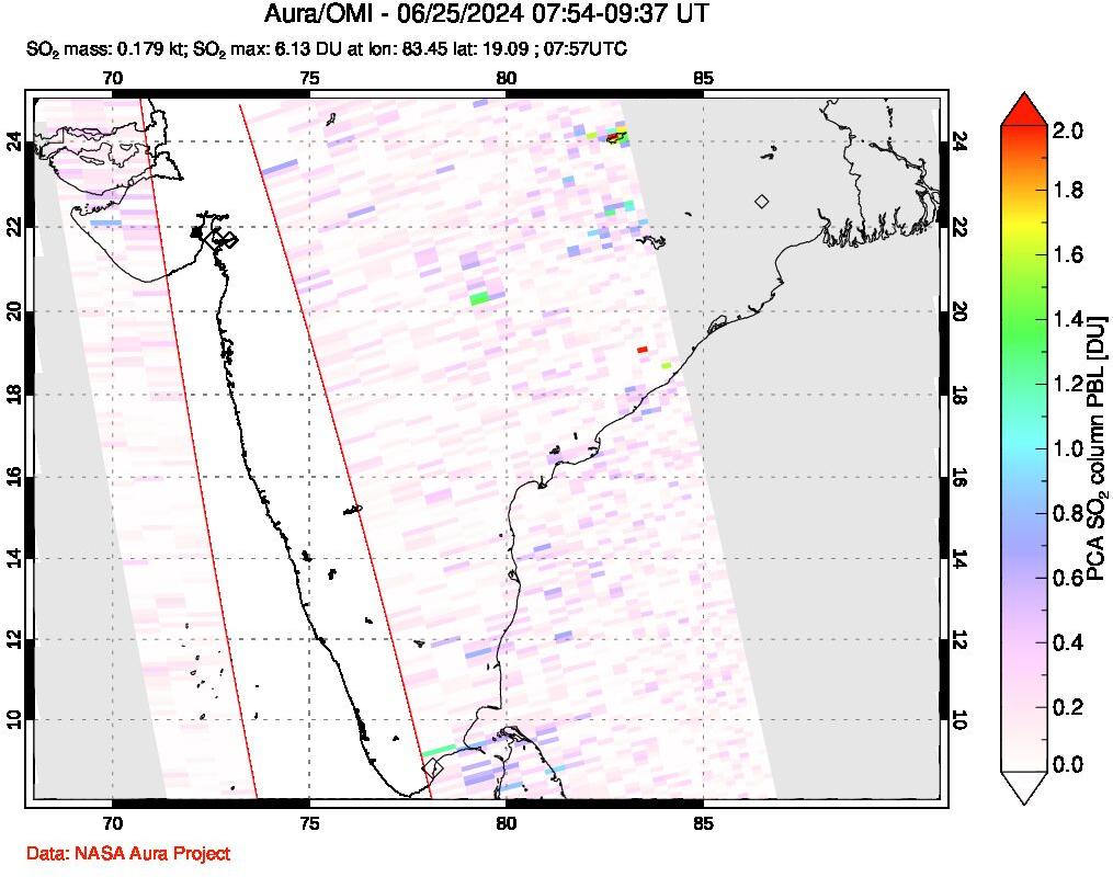 A sulfur dioxide image over India on Jun 25, 2024.