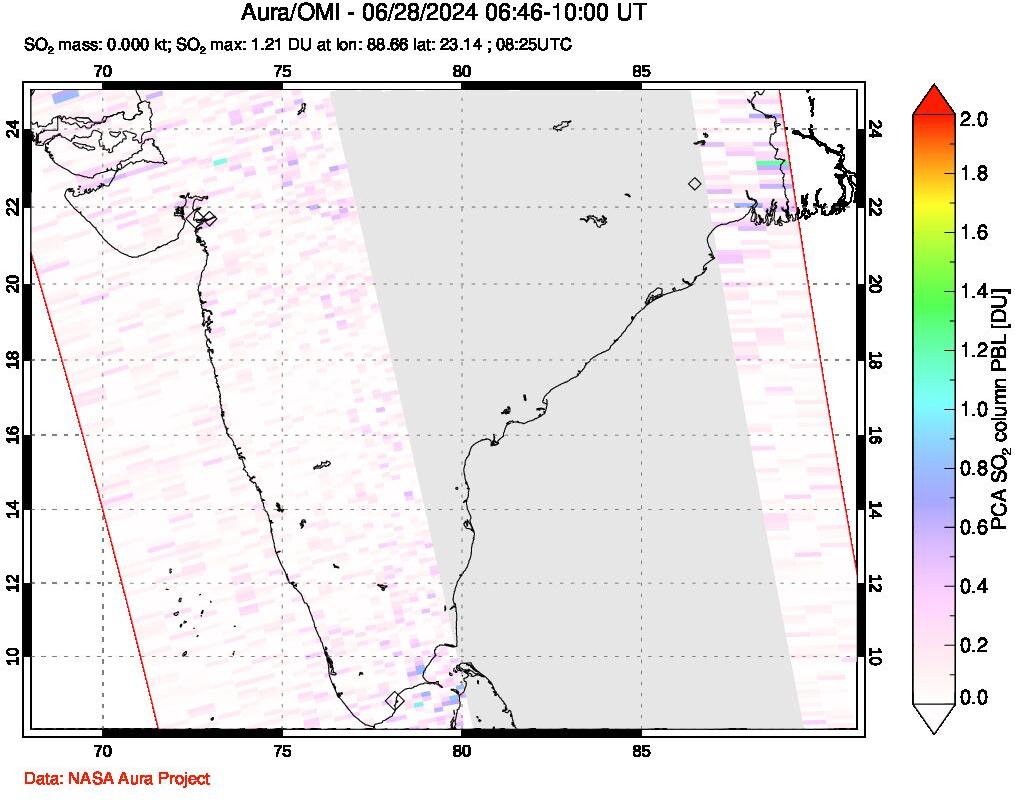 A sulfur dioxide image over India on Jun 28, 2024.