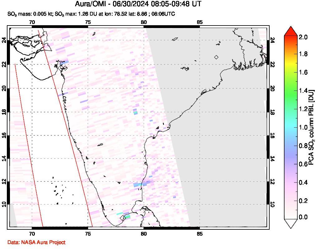 A sulfur dioxide image over India on Jun 30, 2024.