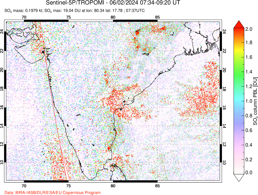 A sulfur dioxide image over India on Jun 02, 2024.