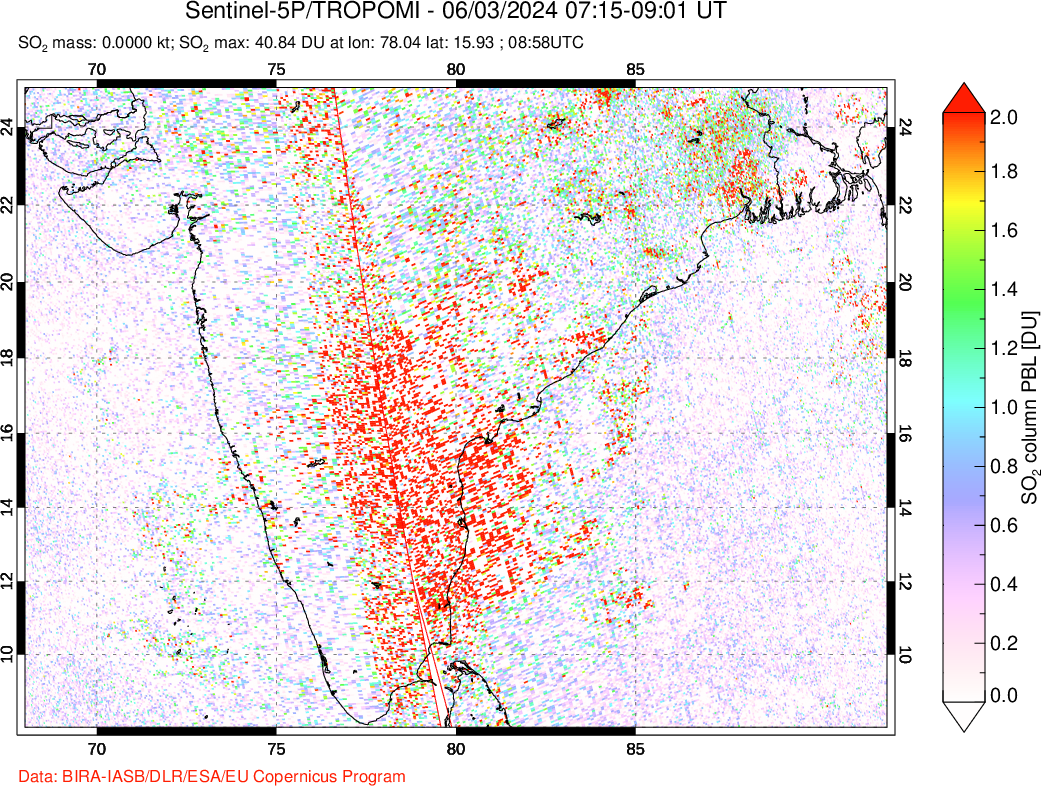 A sulfur dioxide image over India on Jun 03, 2024.