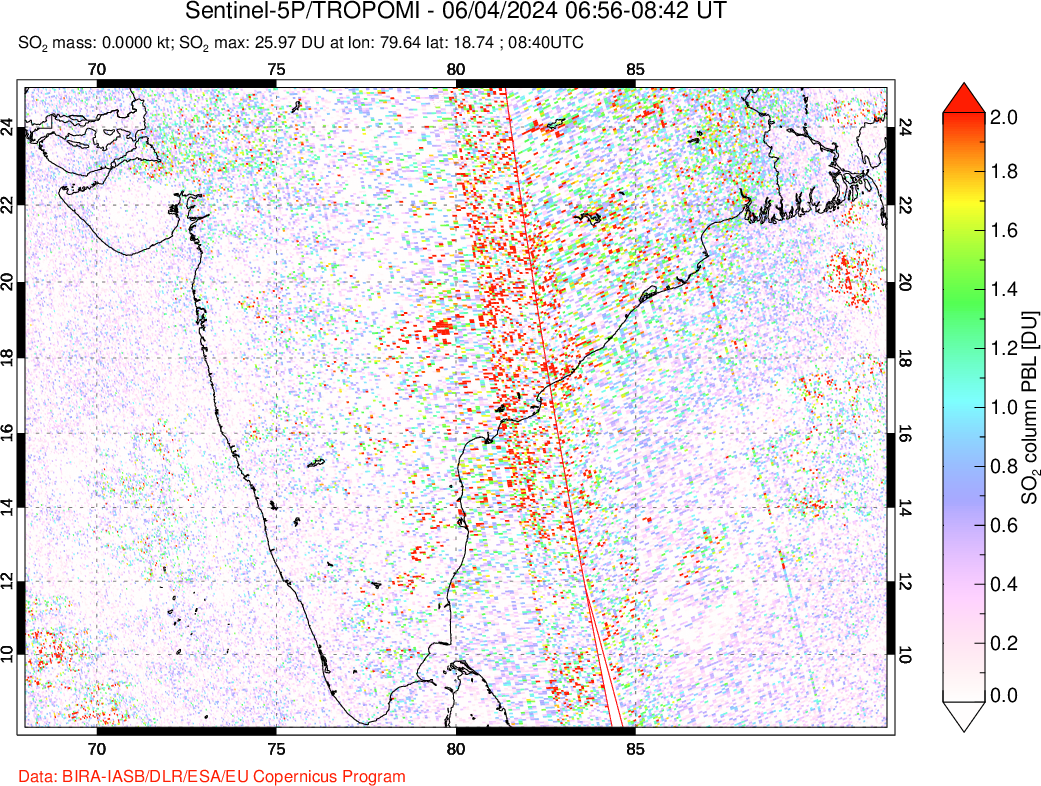 A sulfur dioxide image over India on Jun 04, 2024.