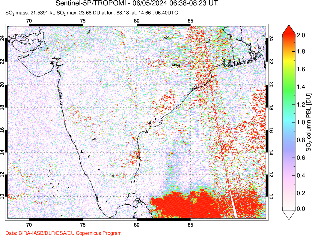 A sulfur dioxide image over India on Jun 05, 2024.