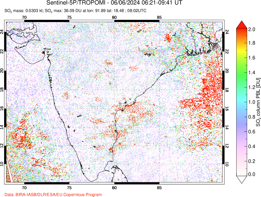 A sulfur dioxide image over India on Jun 06, 2024.