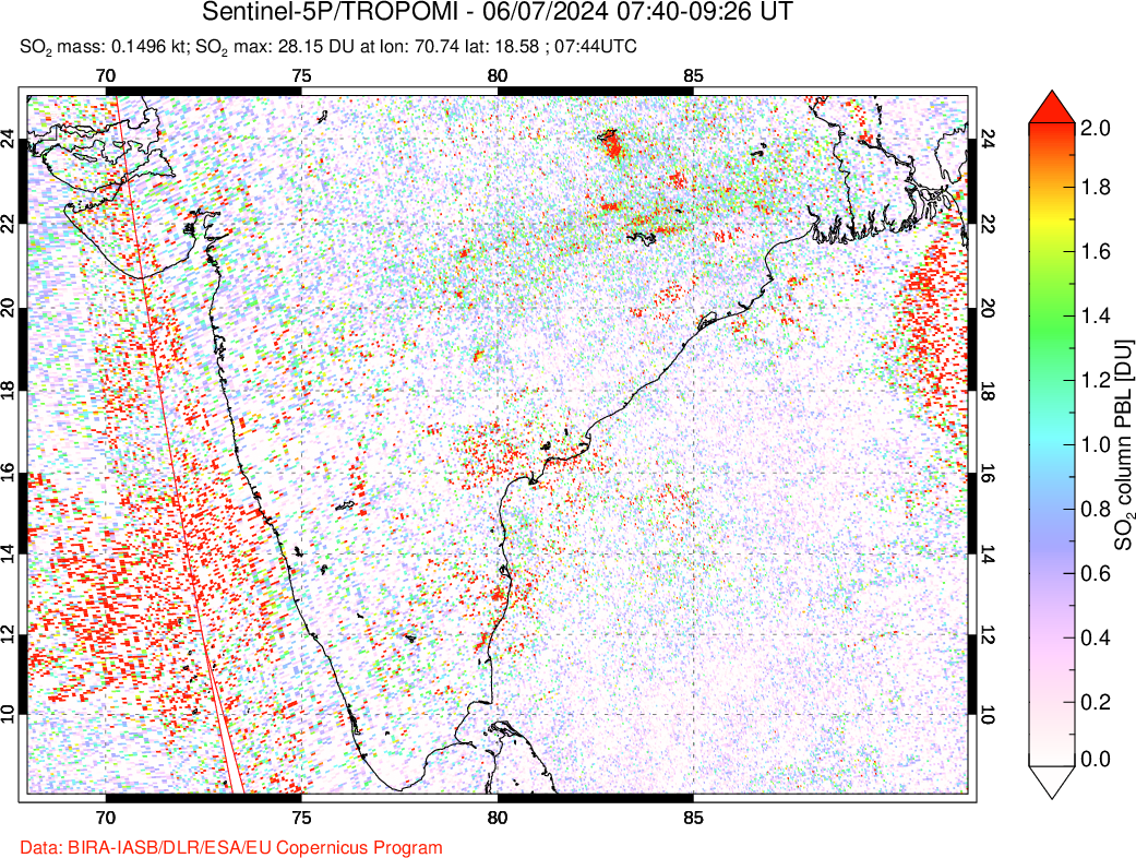 A sulfur dioxide image over India on Jun 07, 2024.