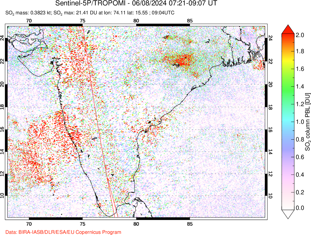 A sulfur dioxide image over India on Jun 08, 2024.