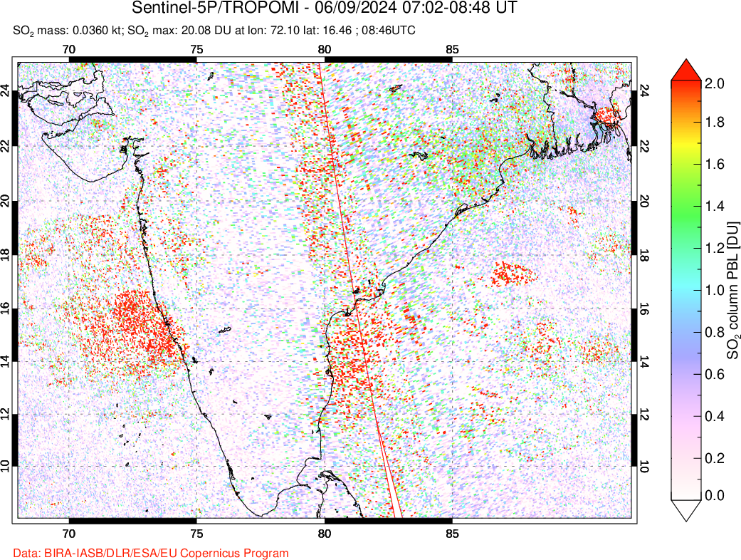 A sulfur dioxide image over India on Jun 09, 2024.