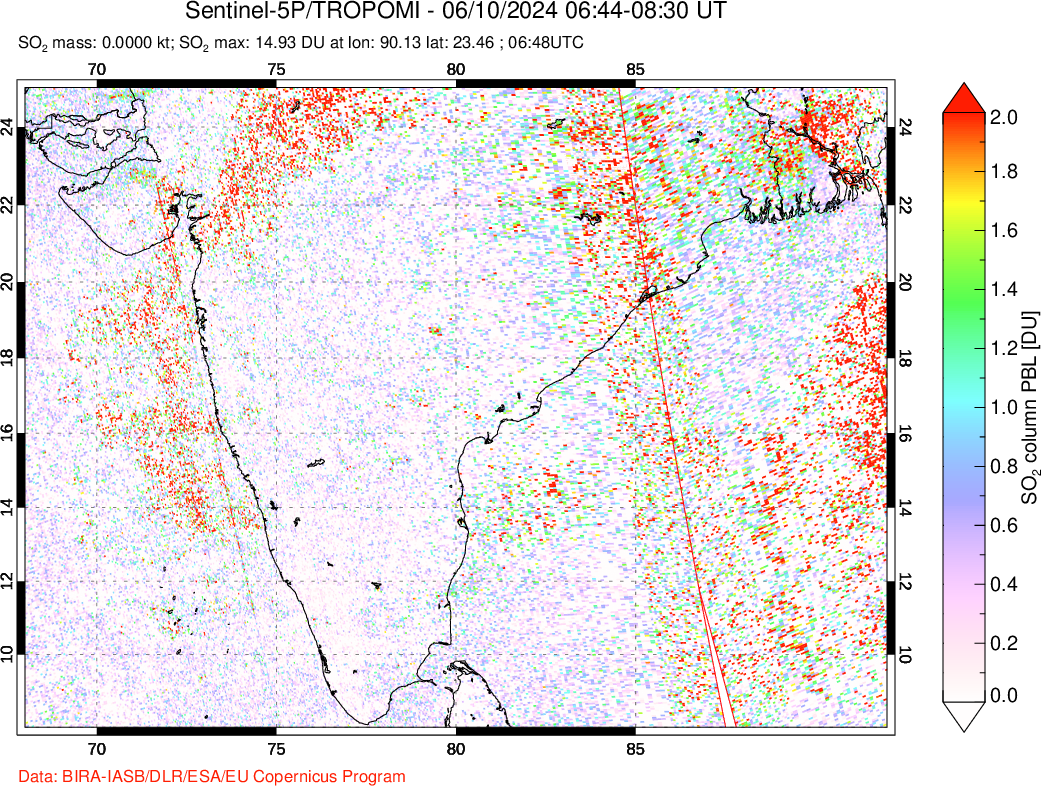 A sulfur dioxide image over India on Jun 10, 2024.