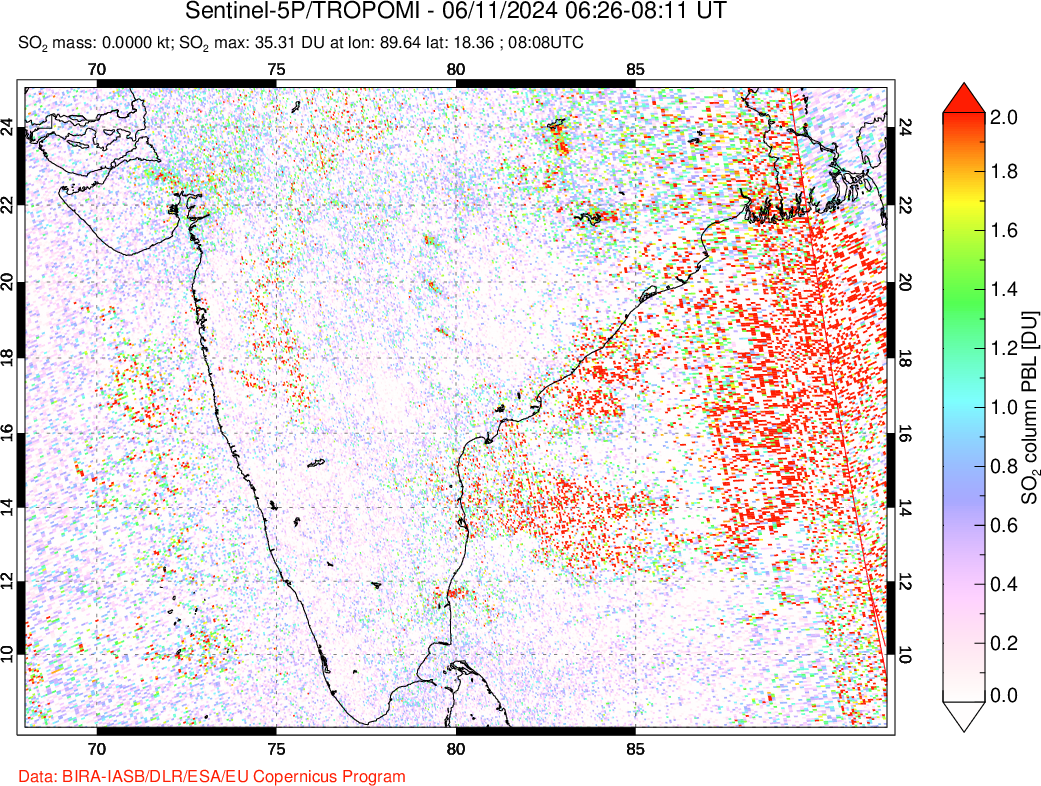 A sulfur dioxide image over India on Jun 11, 2024.