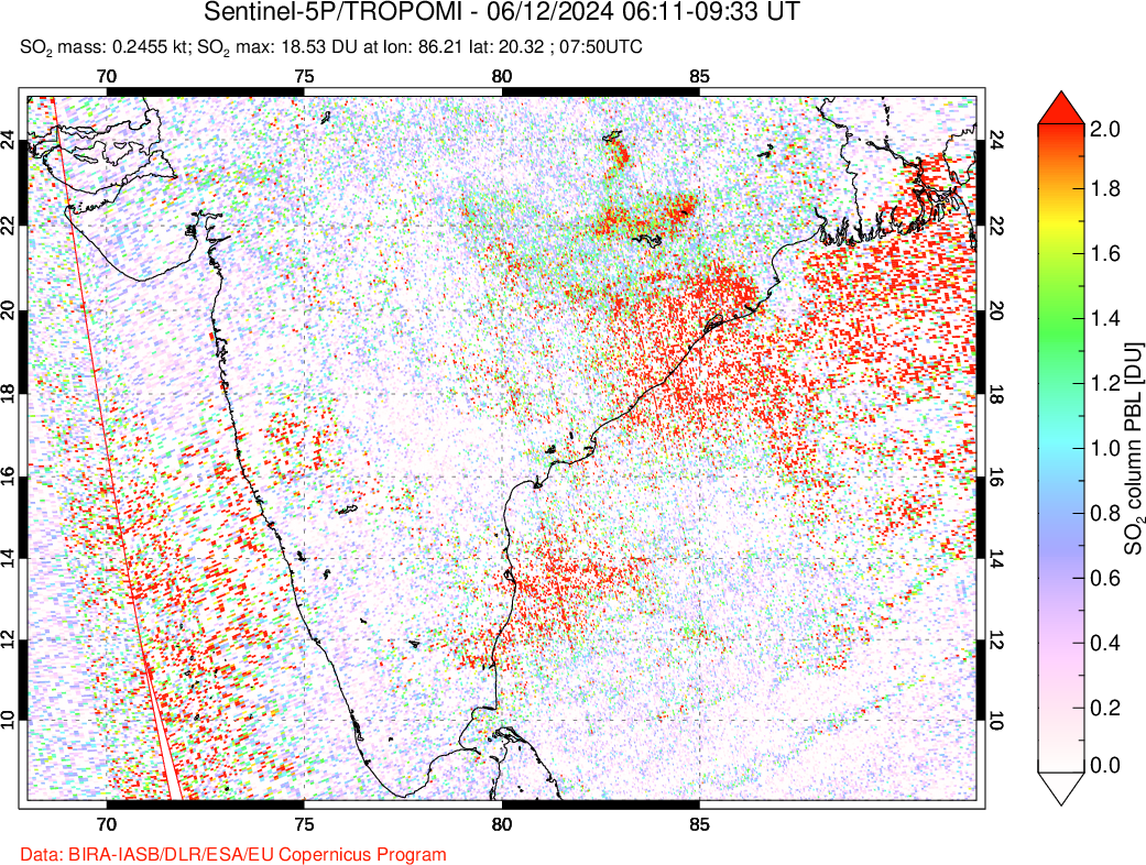 A sulfur dioxide image over India on Jun 12, 2024.