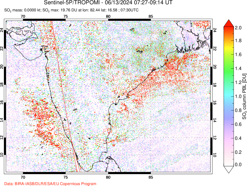 A sulfur dioxide image over India on Jun 13, 2024.