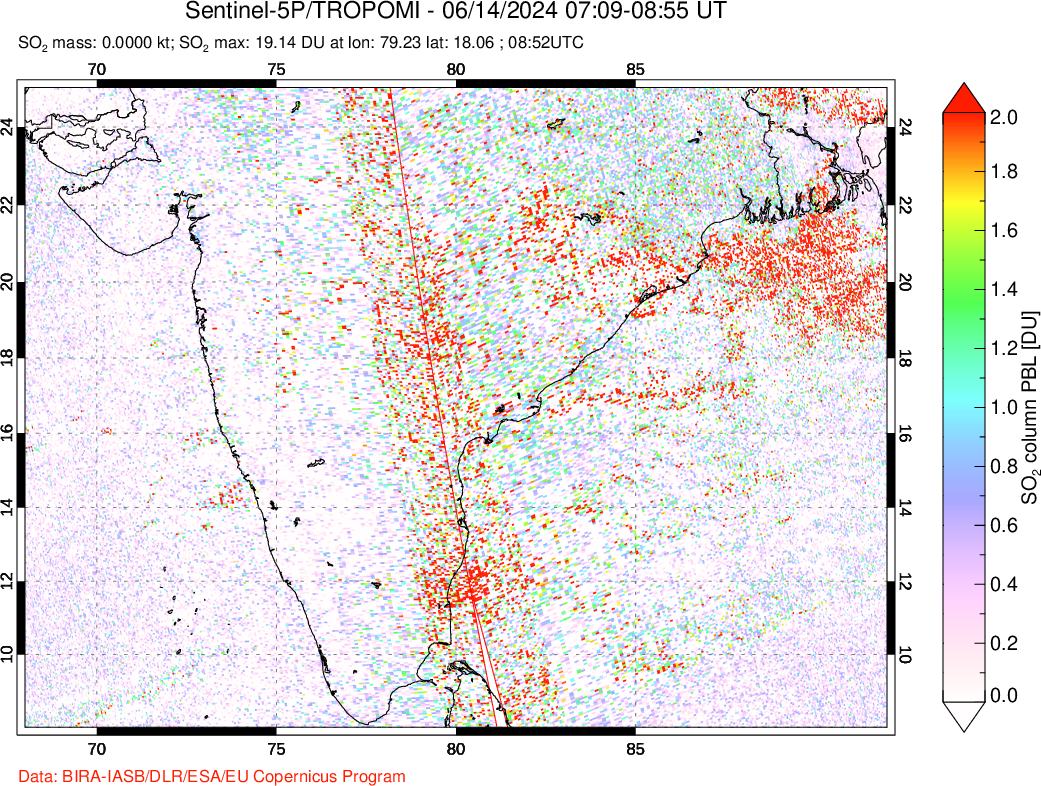 A sulfur dioxide image over India on Jun 14, 2024.