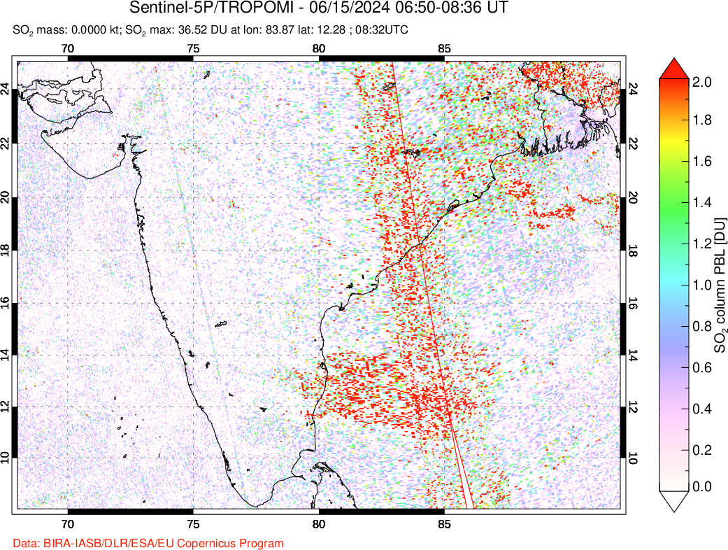 A sulfur dioxide image over India on Jun 15, 2024.