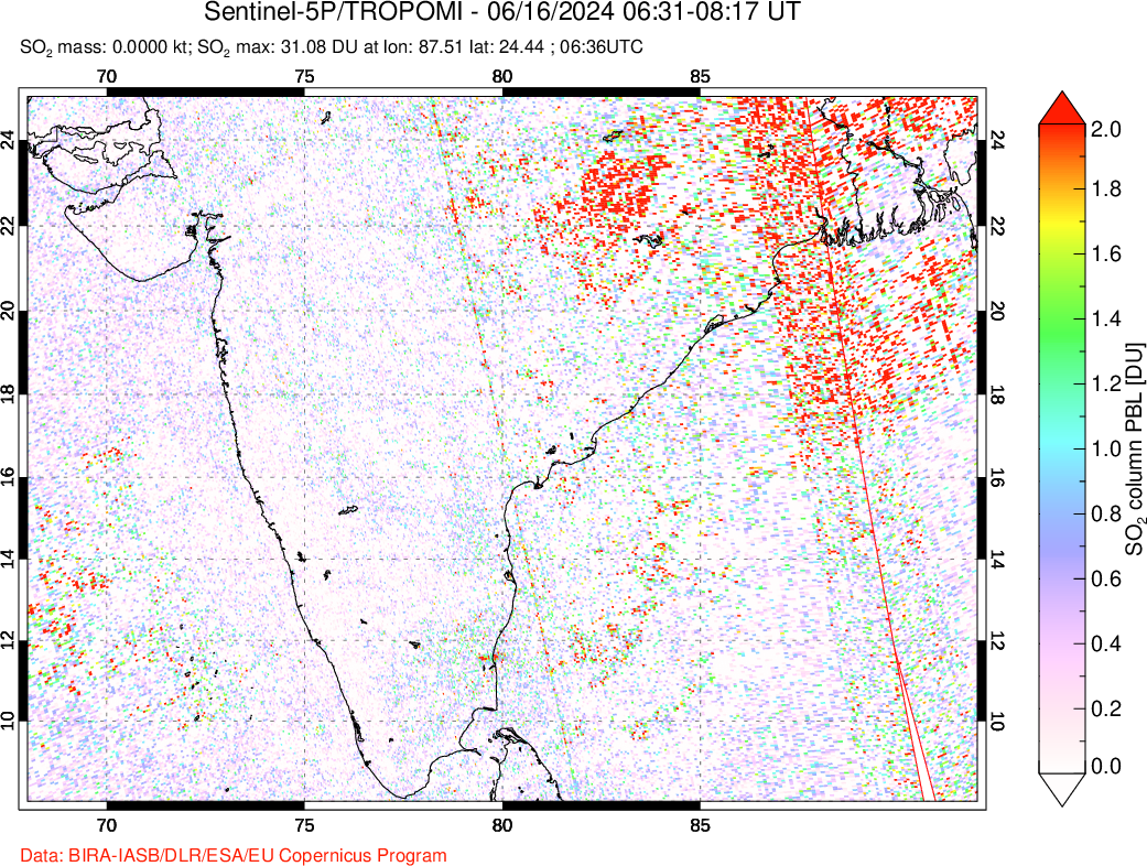 A sulfur dioxide image over India on Jun 16, 2024.